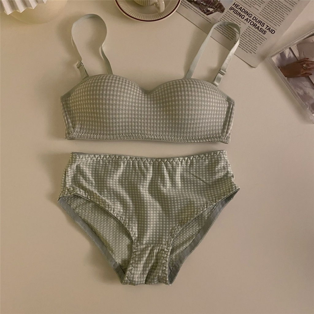1 Bộ Đồ Lót Nữ Họa Tiết Kẻ Sọc Caro + Áo Ngực Mềm Không Dây Có Thể Tháo Rời | BigBuy360 - bigbuy360.vn
