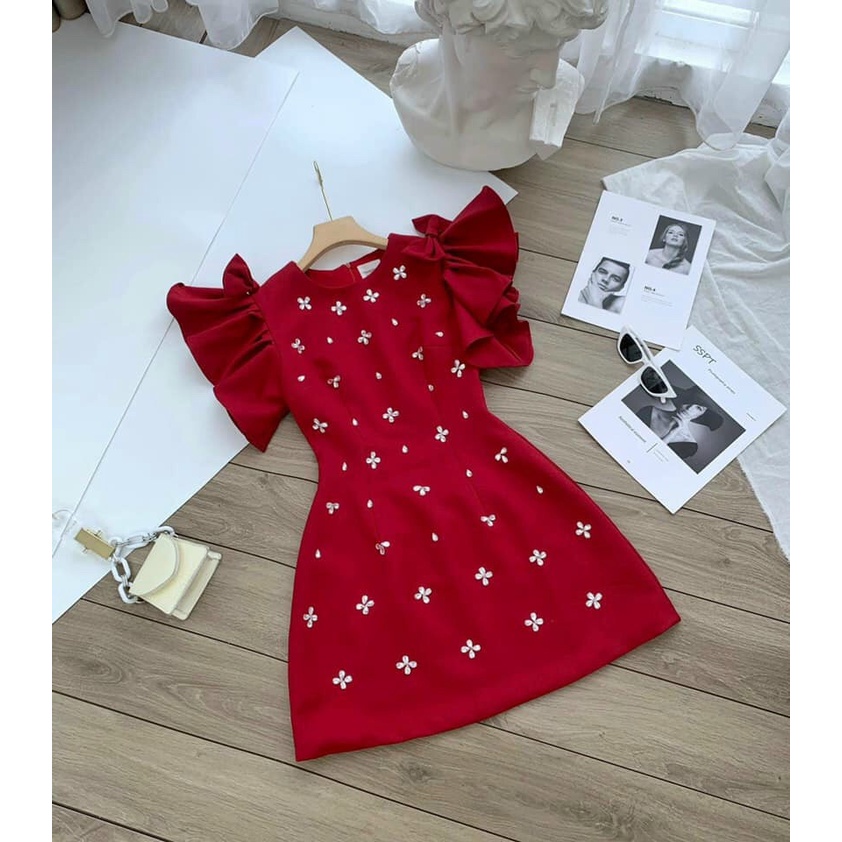 Đầm Dáng Xòe ❤️FREESHIP❤️ Cổ Tròn Tay Ngắn Đính Hạt Nơ Vai
