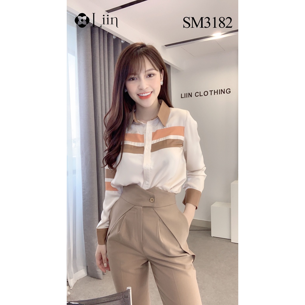 Áo sơ mi nữ màu Be Mix Cam viền Nâu dài tay, chất vải mát, dễ phối đồ Liin Clothing SM3182