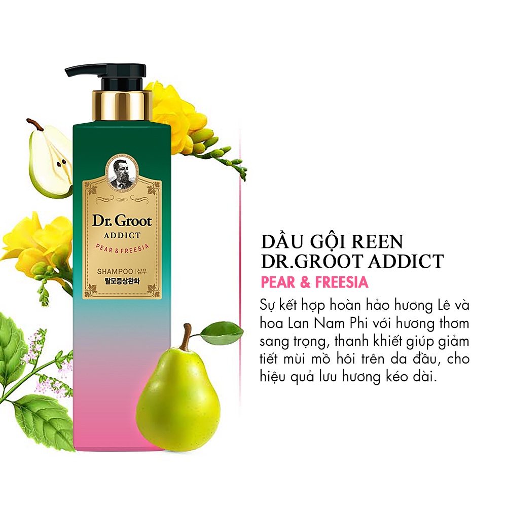 Dầu Gội Reen Dr. Groot Addict Chăm Sóc Da Đầu Và Ngăn Tóc Gãy Rụng Hương Pear &amp; Freesia 385ml