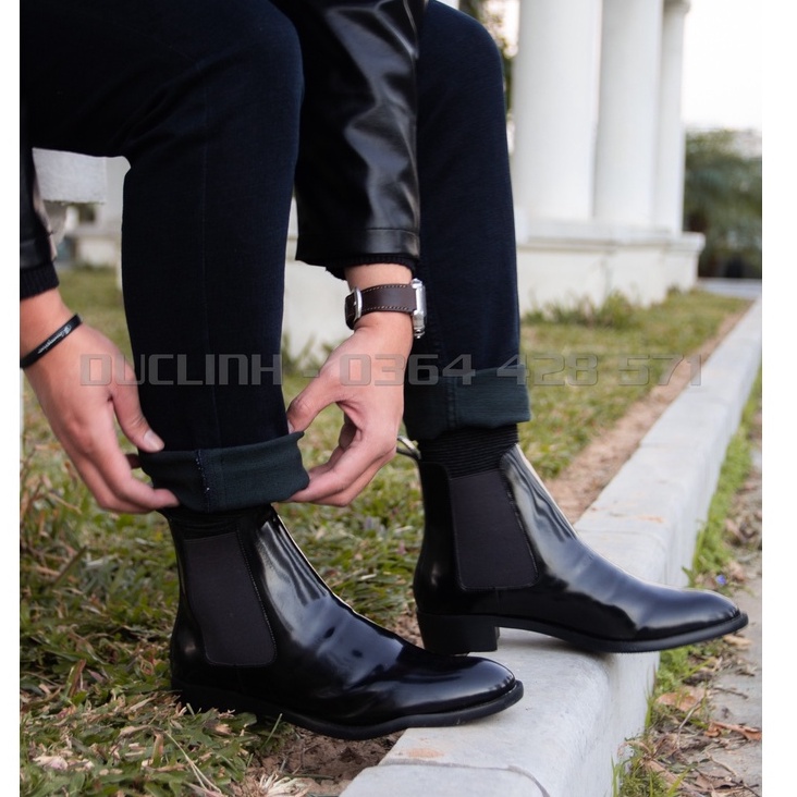 [QUÀ TẶNG LÀ TẤT HOẠ TIẾT PHỐI ĐỒ] Giày Chelsea Boots Nam Đen bóng, Giày Bốt Cao bồi cổ cao tôn dáng, Đế tăng chiều cao | BigBuy360 - bigbuy360.vn