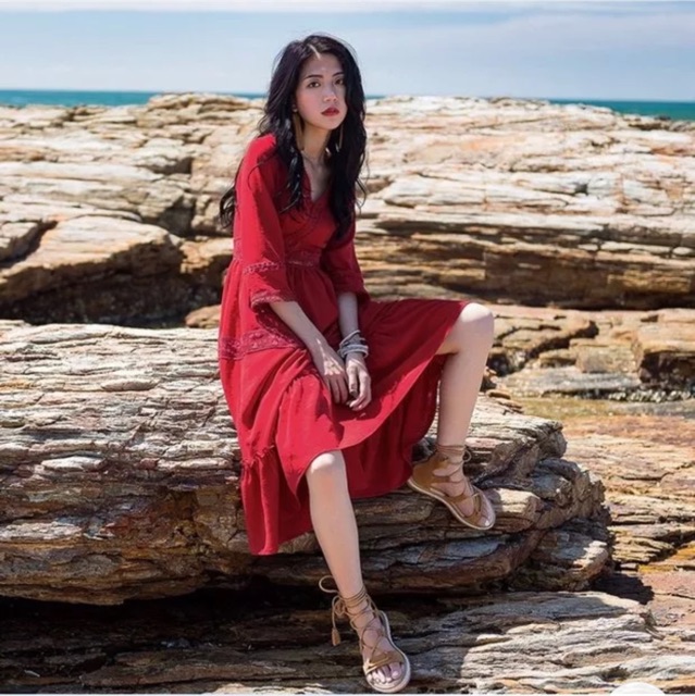 Váy boho đỏ dáng dài Váy maxi dài đỏ