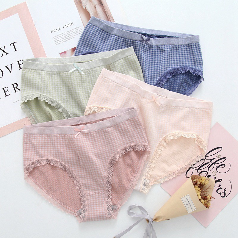 Quần lót cotton kẻ caro phối ren thấm hút mồ hôi kháng khuẩn Ms 789