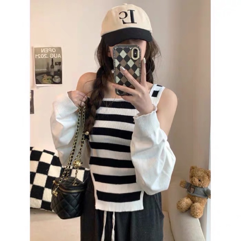 set áo len dệt kim kiểu sọc kẻ ngang phối khoác lửng (3290#)