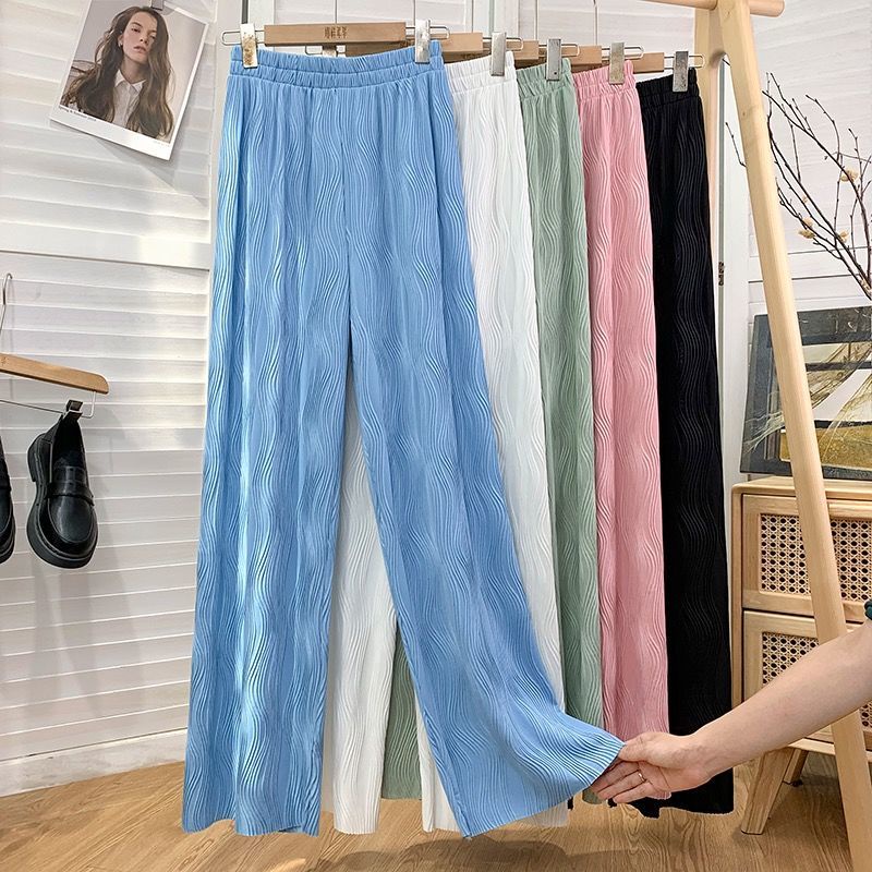 Quần ống rộng Xếp Ly Bằng Lụa Băng Lưng Cao Họa Tiết Sọc Lượn Sóng Mùa Hè Cho Nữ