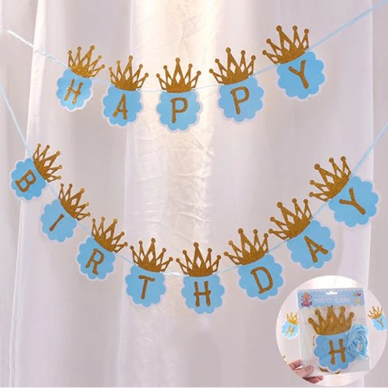Dây Cờ Treo Chúc Mừng Sinh Nhật Với Dây Ruy Băng Màu Đồng Hình Vương Miện Trang Trí Tiệc Sinh Nhật