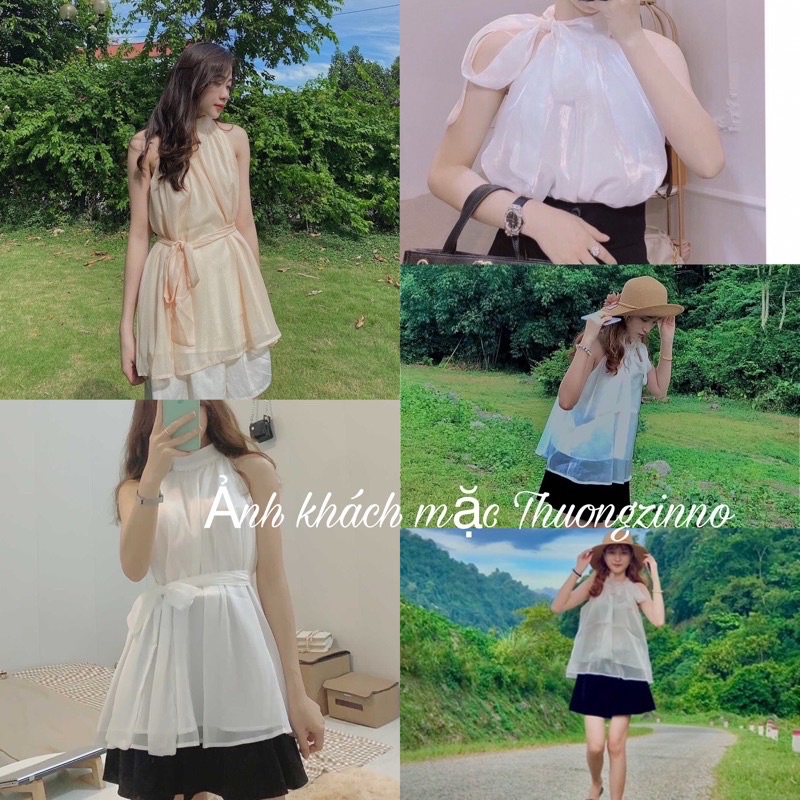 [Ảnh thật/Video]Áo yếm tơ kèm đai thắt eo hoặc làm turban Áo sơ mi tơ mềm