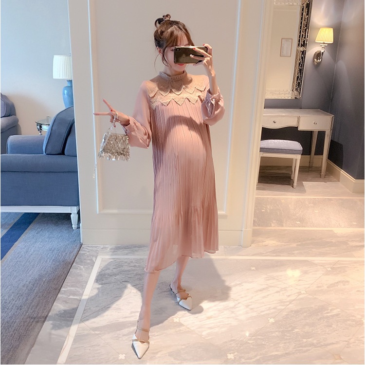 Váy đầm bầu dập ly dài tay voan hồng cao cấp thiết kế cho mẹ bầu công sở,dự tiệc lịch sự trẻ trung mới mùa hè thoáng mát