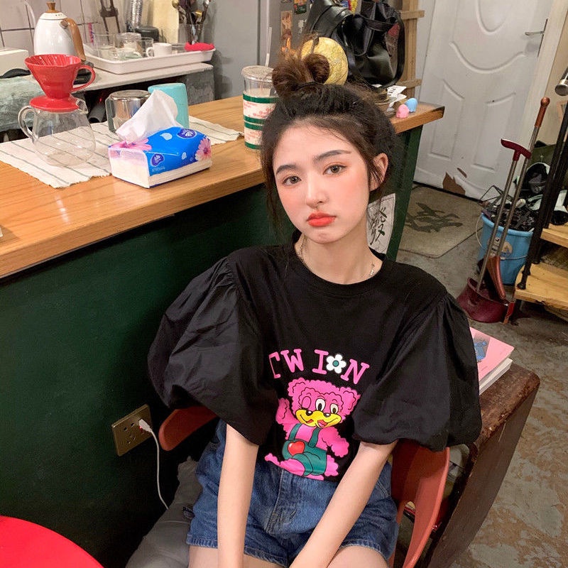 Áo thun tay ngắn phồng dáng rộng in họa tiết hoạt hình dễ thương phong cách retro thời trang mùa hè dành cho nữ