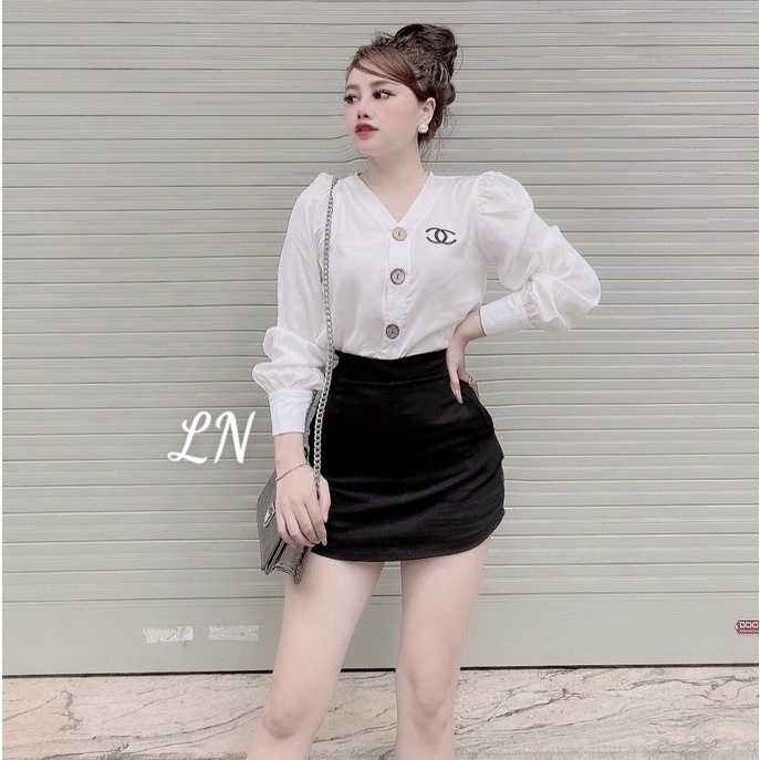 Áo sơ mi lụa công sở cổ V cúc giữa  _ Áo sơ mi nữ