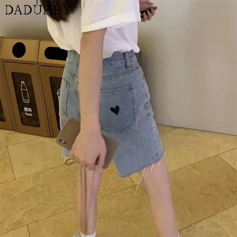 Daduhey Quần denim ngắn mỏng ống suông rộng dáng chữ A hình trái tim màu sáng phong cách thời trang thường ngày cho nữ