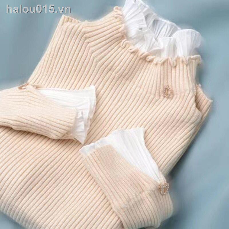 Áo Len Nữ♞△Áo sweater Dài Tay Cổ Cao Phối Ren Thời Trang Thu Đông Cho Nữ