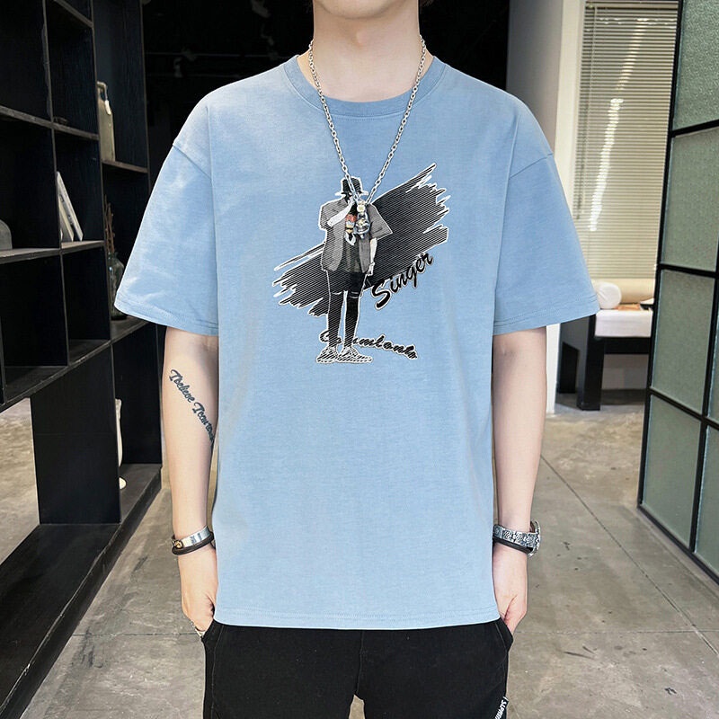 Áo Thun Cotton Tay Ngắn Cổ Tròn In Họa Tiết Trẻ Trung Phong Cách Hàn Quốc Cho Nam