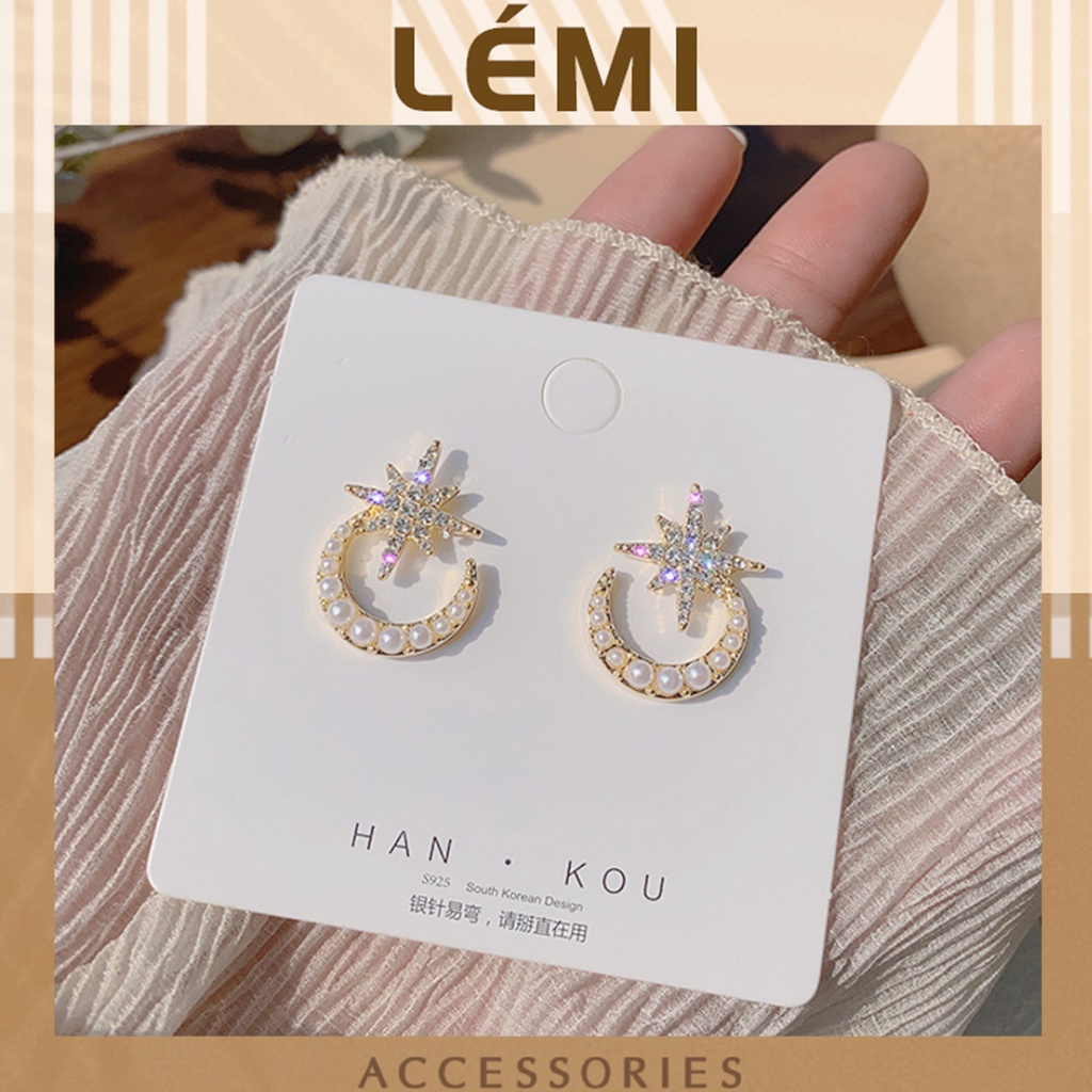 Bông tai bạc S925 Hoa tai kiểu dáng mặt trăng và ngôi sao không gây dị ứng da thời trang Hàn Quốc, Lemi accessories