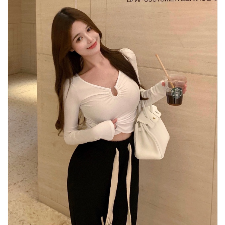 Áo thun lửng tay dài cổ chữ V thời trang Hàn Quốc cho nữ