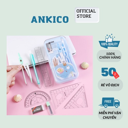 Bộ compa sắt 8 dụng cụ COFFEE TIME 3005 gồm compa, eke, bút chì, gôm tẩy loaj đẹp ANKICO