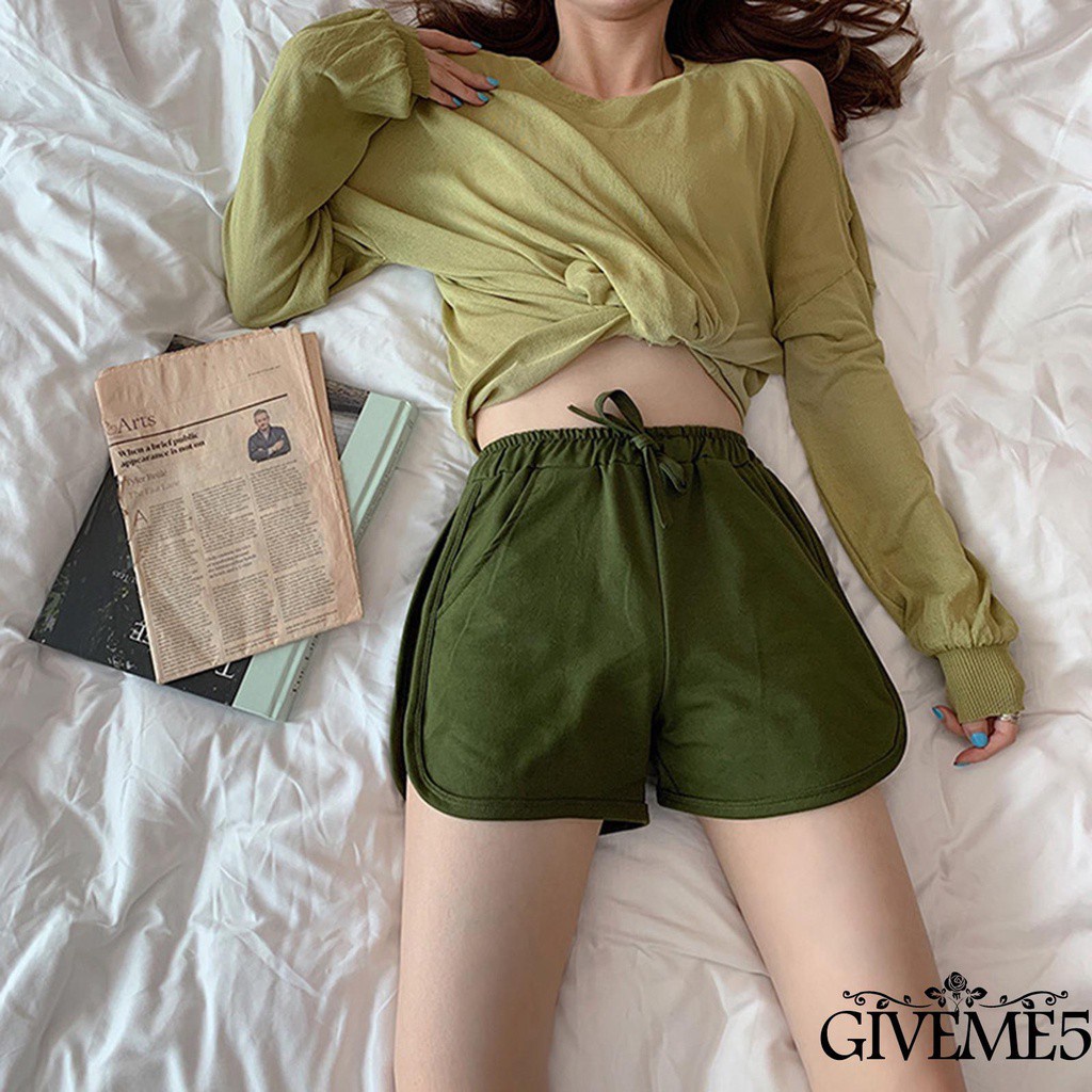 Giveme Quần Short Lưng Cao Màu Trơn Có Túi Và Dây Rút Thời Trang Mùa Hè Cho Nữ