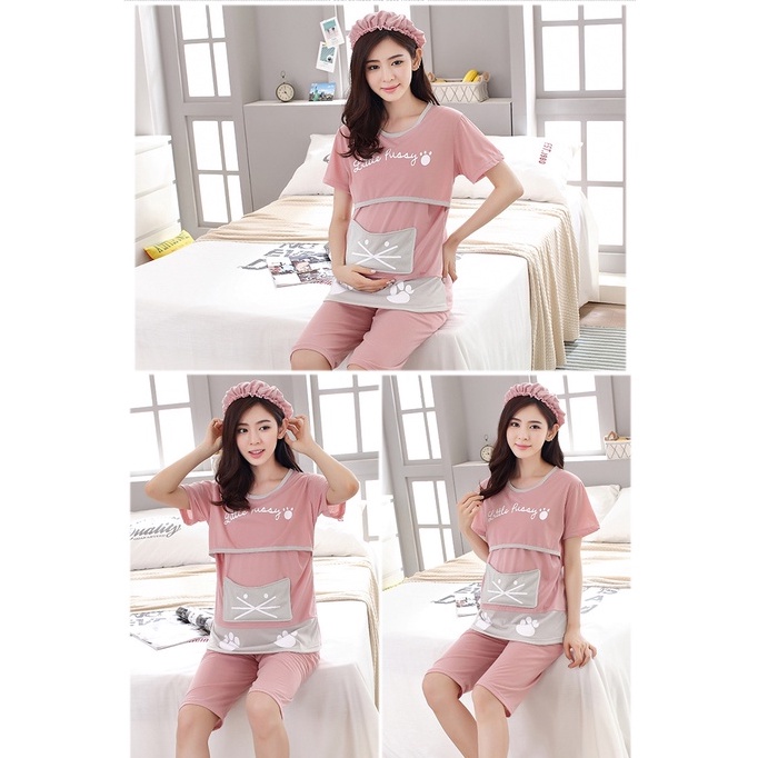 Bộ Đồ Ngủ Mặc Nhà Đi Dạo Mẹ Đang Bầu Sau Sinh Cho Con Bú Có Túi Trong Áo Chống Tràn Sữa Chất Liệu Poly Mùa Hè Xuân Thu