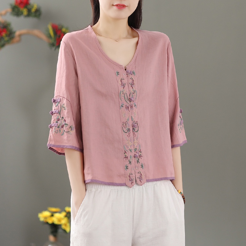 Áo Sơ Mi Tay Lửng Cổ Chữ v Phong Cách Dân Tộc Cổ Điển Thời Trang Cho Nữ