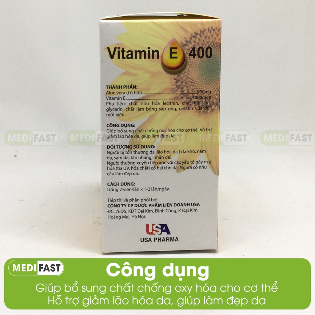 Viên uống Vitamin E 400 Giúp làm đẹp da, giảm lão hóa - Hộp 100 viên.