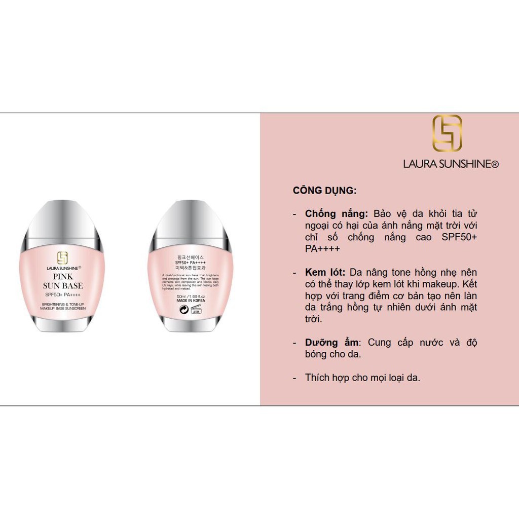 Kem Chống Nắng Kiêm Kem Lót Nâng Tone Da Hàn Quốc Pink Sun Base Spf 50+ Pa++++ Laura Sunshine Nhật Kim Anh 50ml | BigBuy360 - bigbuy360.vn