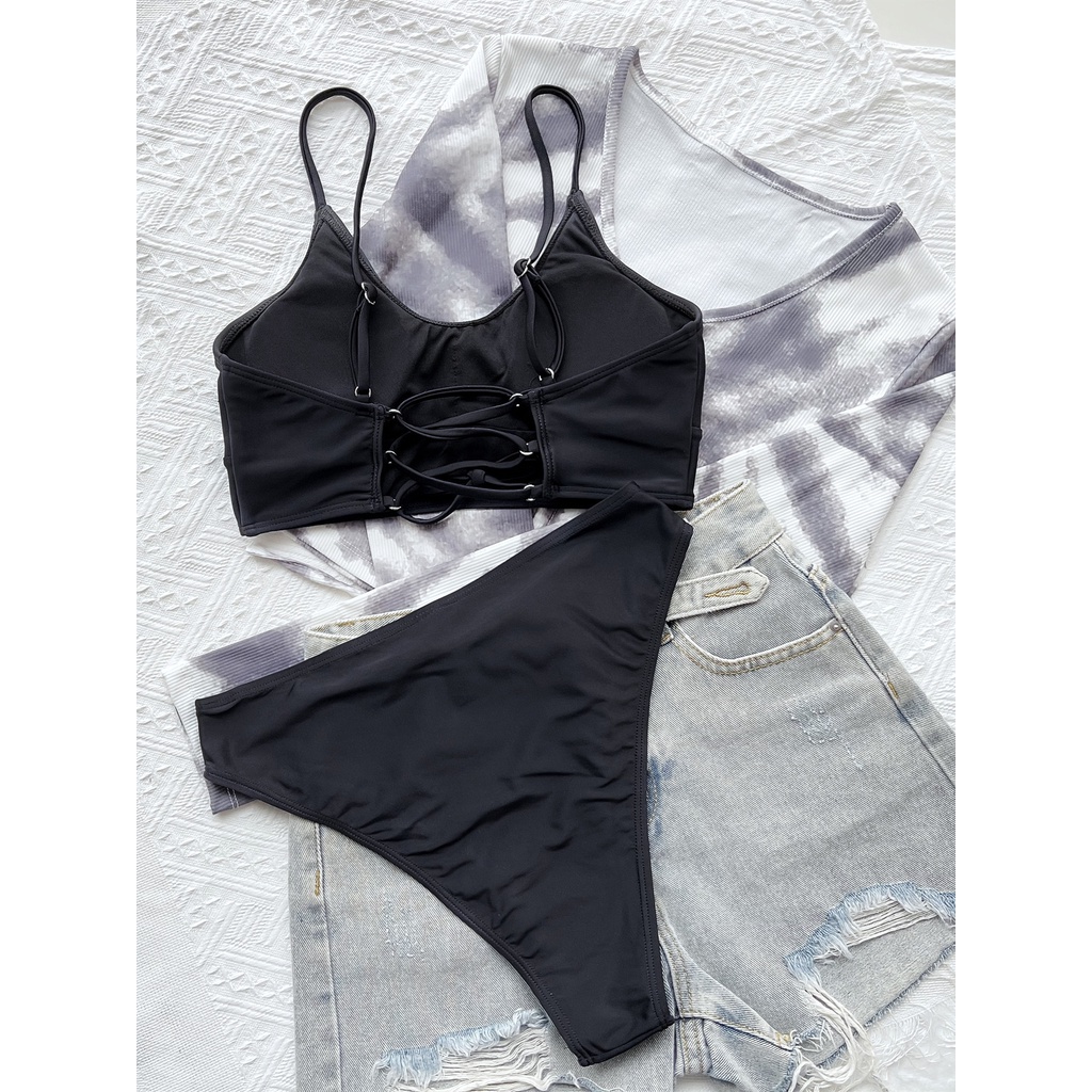 [BKN1613] &lt;ÂU&gt; SET BIKINI ĐEN BASIC ĐAN DÂY LƯNG (CẠP CAO)