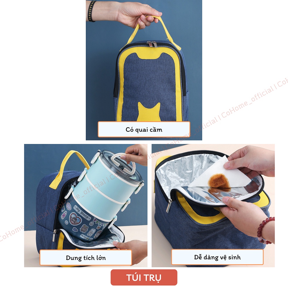 Túi giữ nhiệt đựng cơm hình trụ 3 lớp cách nhiệt màu vàng xanh, túi đựng cơm văn phòng