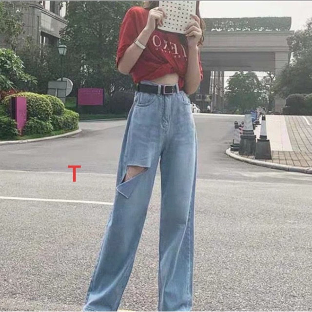 Quần bò ống rộng rách miếng to ở đùi TTK875