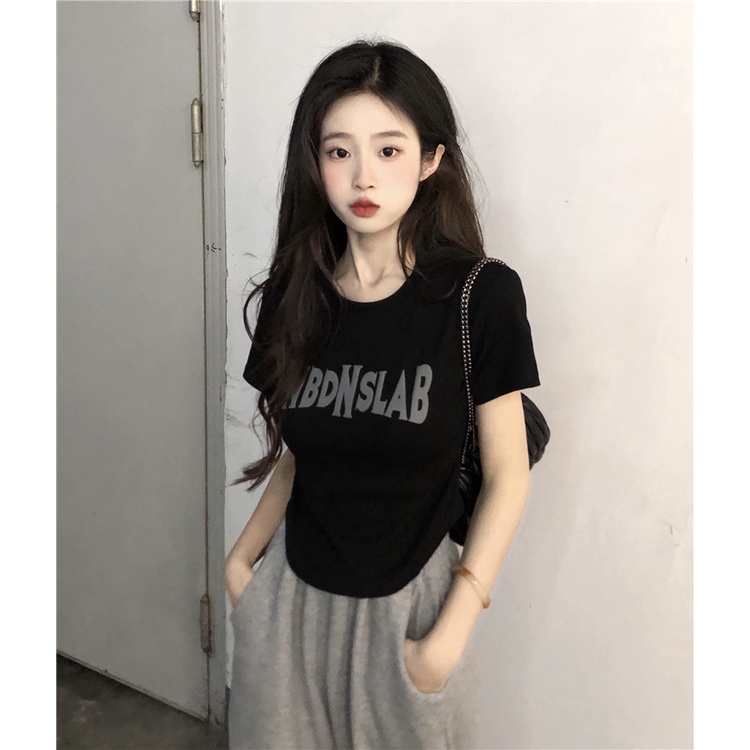 Set Áo Thun Lửng Ngắn Tay + Quần jeans Dài Lưng Cao Ống Rộng Thời Trang Cho Nữ