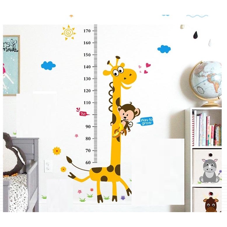 Tranh dán tường huơu khỉ đo chiều cao cho bé - Decal dán tường