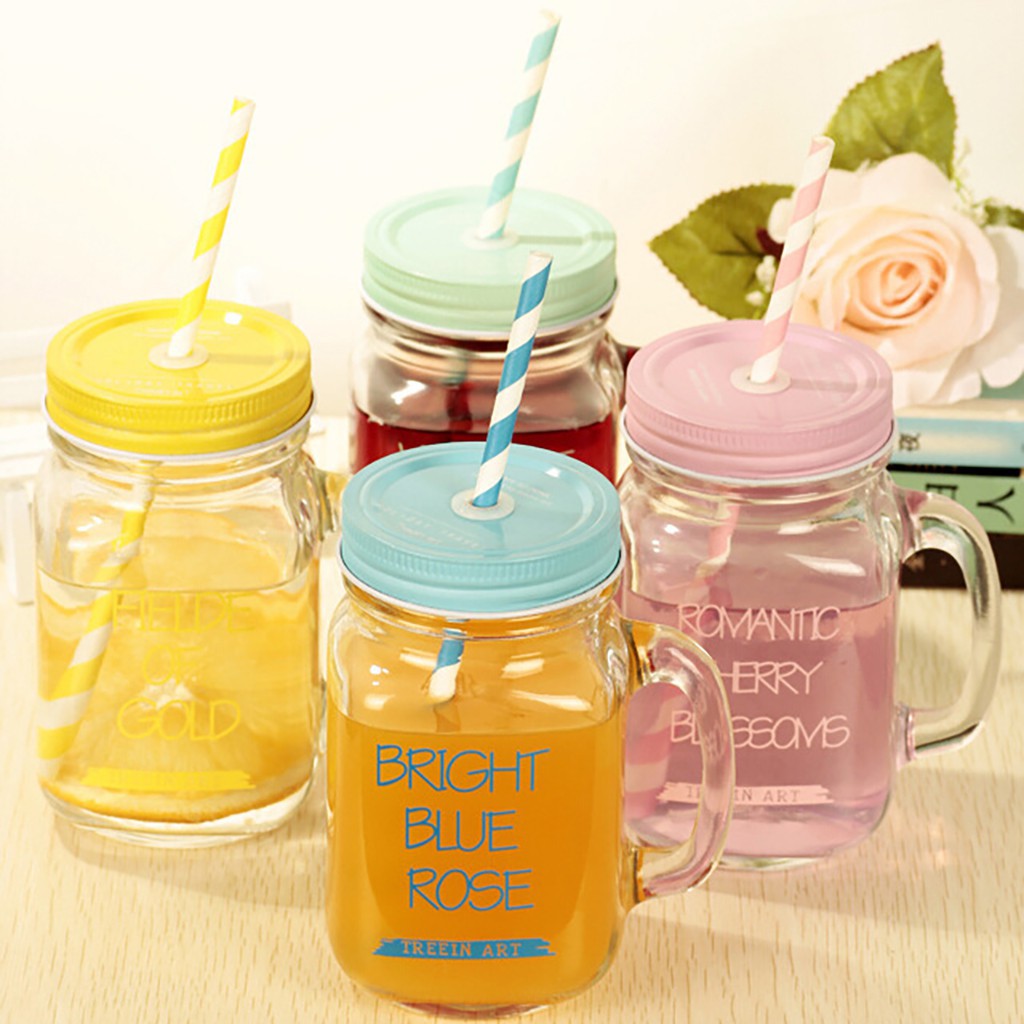 Cốc thủy tinh nắp màu có ống hút quai cầm tiện dụng | BigBuy360 - bigbuy360.vn