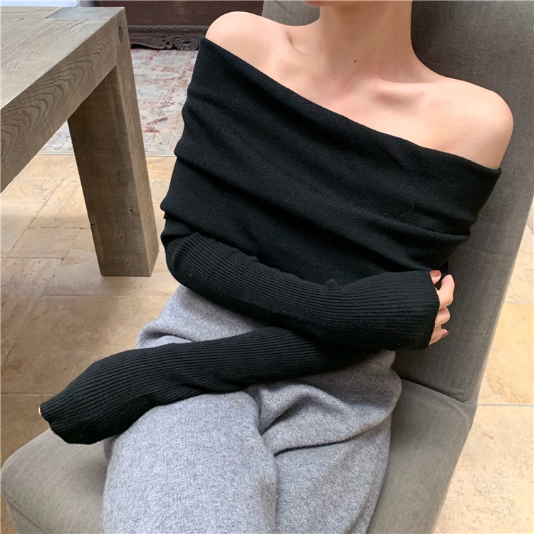 Áo len mùa đông trễ vai bản to, tay dài
