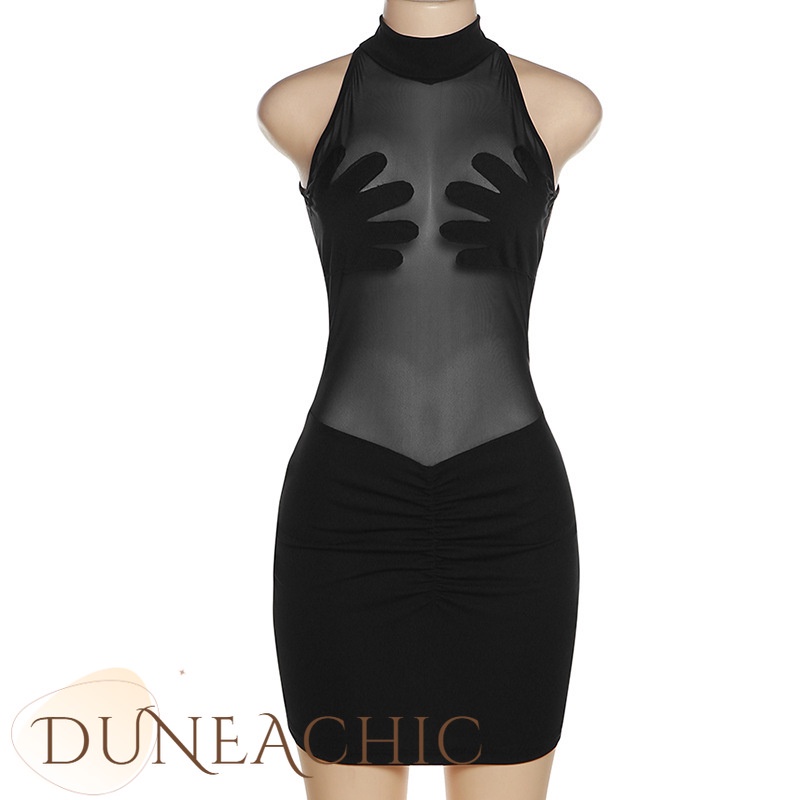 DUNEA Đầm lưới xuyên thấu xếp ly gợi cảm thời trang dành cho nữ