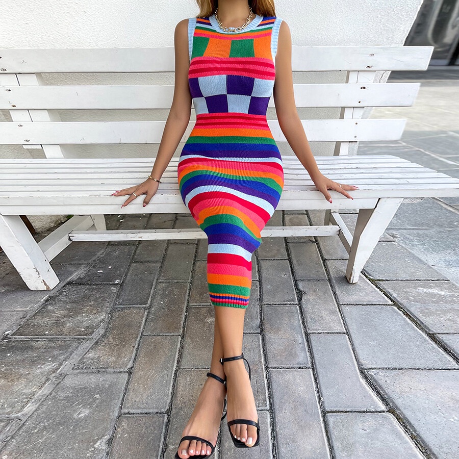 Kliou 2022 Mới vào mùa hè Đầm Dệt Kim Ôm Dáng Không Tay Nhiều Màu Họa Tiết Kẻ Sọc Dành Cho Nữ
