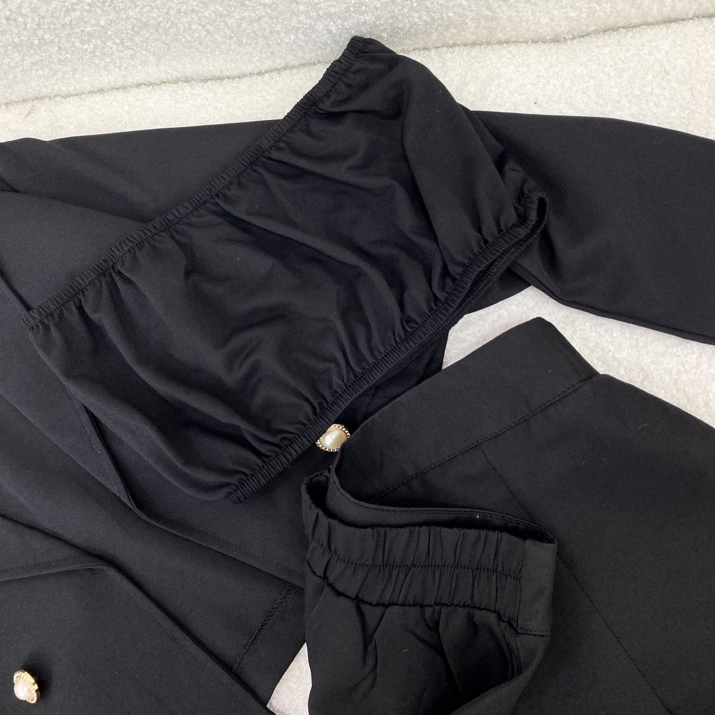 Set Crop đen nữ 3 món: Áo vest+ áo quây croptop+ chân váy ngắn chữ A chun eo