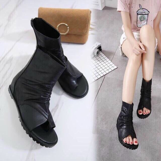 Bốt xỏ ngón cao cổ hở mũi da mềm đế 5p êm chân mã 756