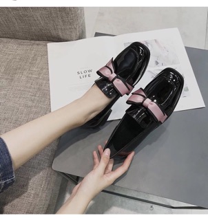 Giày nữ Moka da bóng nơ to
