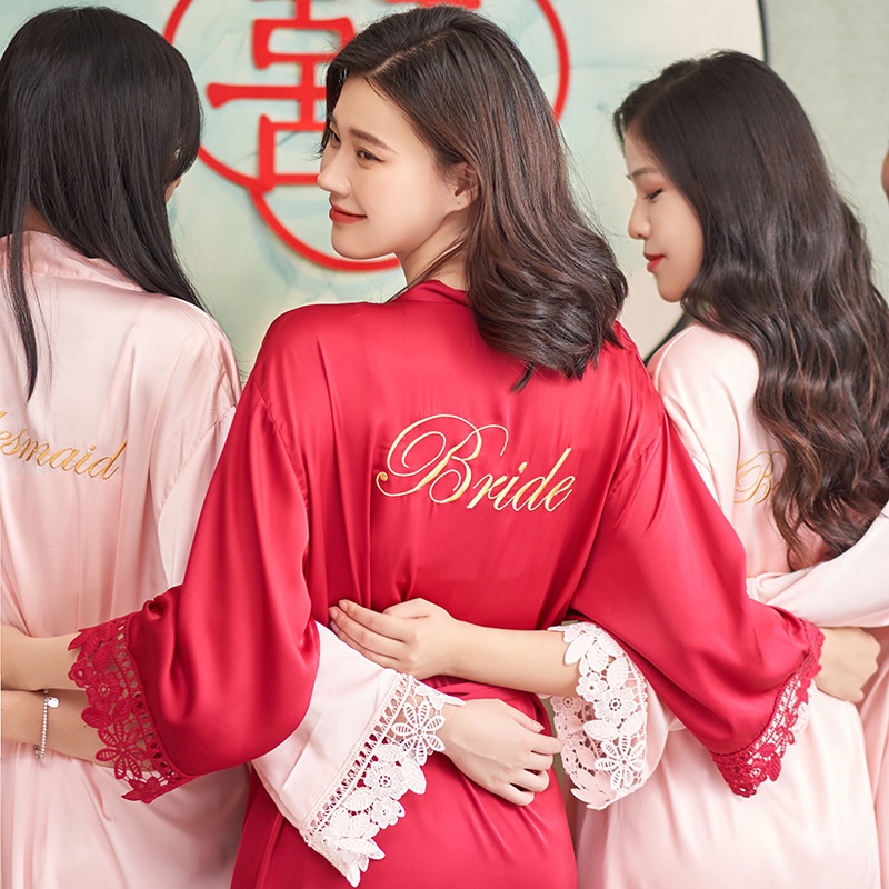 4 kiểu Áo choàng ngủ PHỐI REN CAO CẤP makeup CÔ DÂU Thêu chữ BRIDE lụa latin mềm mịn sang trọng Cherie Sleepwea