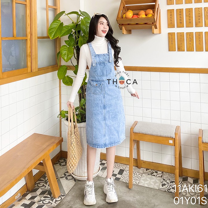 Yếm váy jeans nữ dáng dài túi nấp trước THOCA HOUSE ulzzang chuẩn style Hàn Quốc dễ phối đồ, trẻ trung, năng động