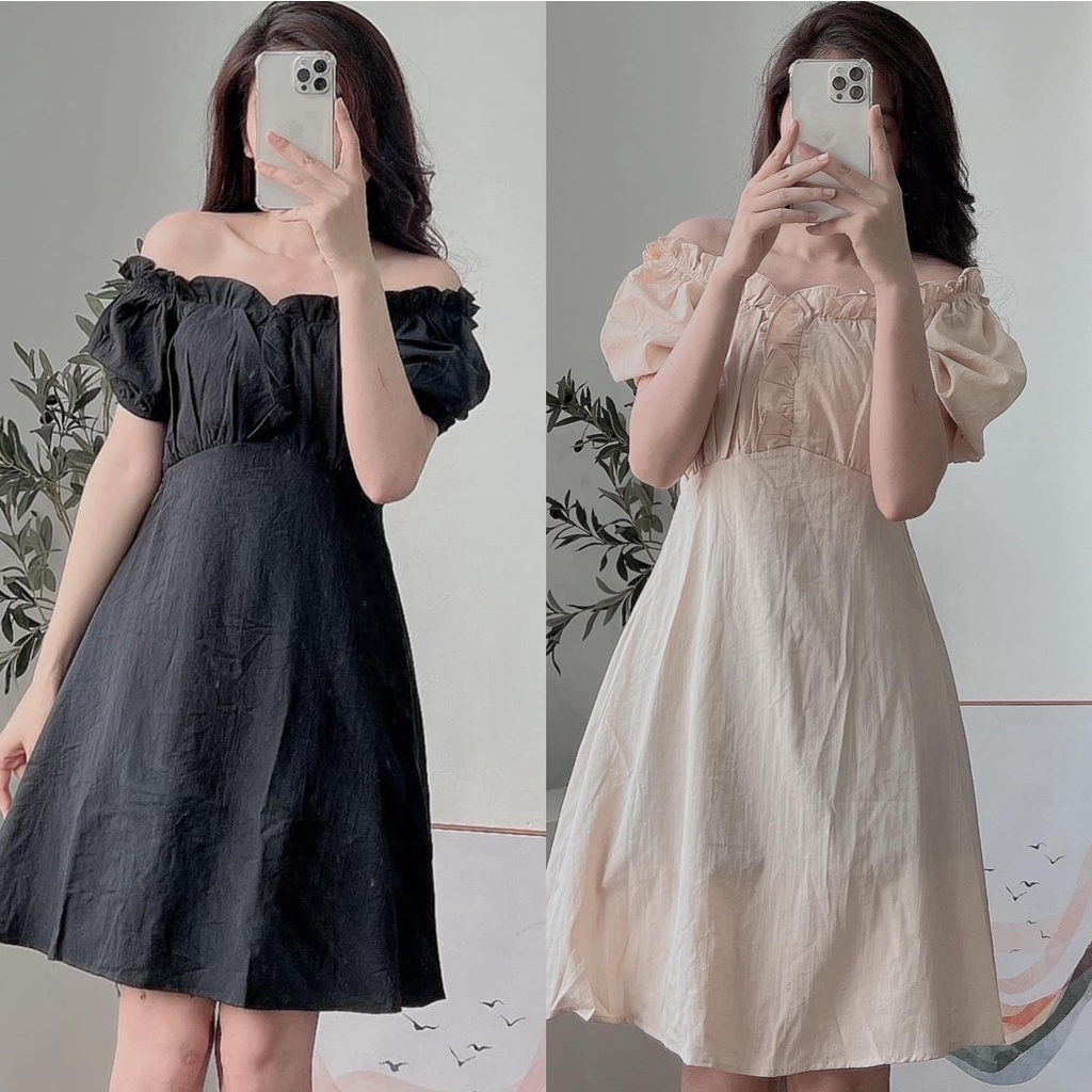 Váy Trễ Vai Chun Lưng Dáng Chữ A Tay Bồng Nhẹ Nhàng, Xinh Xắn, Labibi