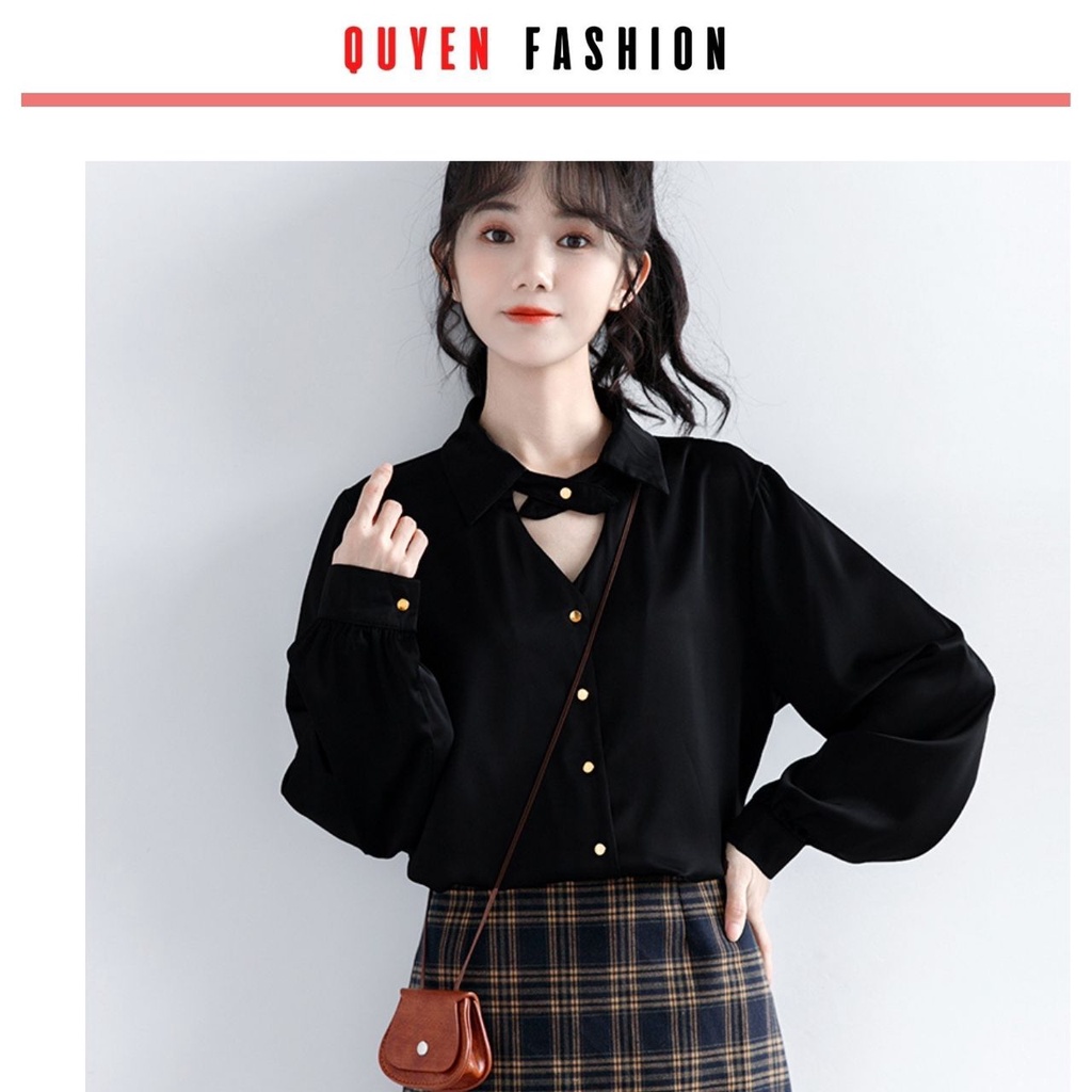 Áo sơ mi công sở kiểu dáng hàn quốc tay tiểu thư phồng Quyên Fashion AA557 màu đen cá tính