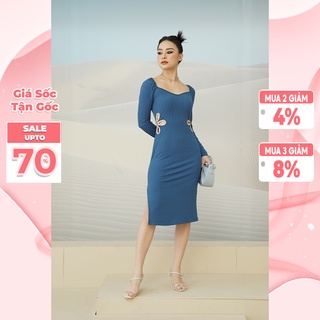 Đầm ôm body Chillgals chất liệu len tăm cut-out cánh hoa cổ vuông tôn dáng V-002