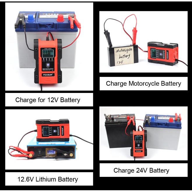 Sạc bình ắc quy 12V 24V FOXSUR pinlithium pin sắt LiFePO4 acid sạc ắc quy ô tô xe máy cảm ứng vân tay LOẠI TỐT MÀU CAM