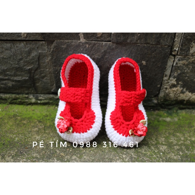 Giày len handmade/ giày búp bê đỏ đô hoa ruy băng