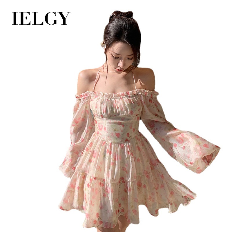 Đầm IELGY cổ vuông tay phồng in họa tiết hoa tulip thời trang mùa hè cho nữ