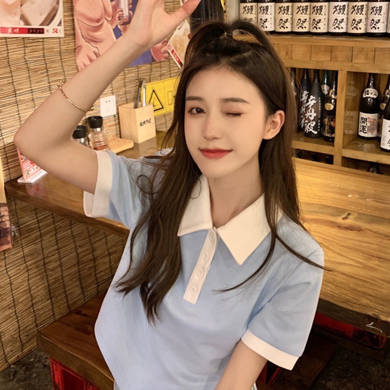 Áo thun lửng ZHELIHANGFEI cổ polo tay ngắn kiểu lệch tà cá tính thời trang dành cho nữ