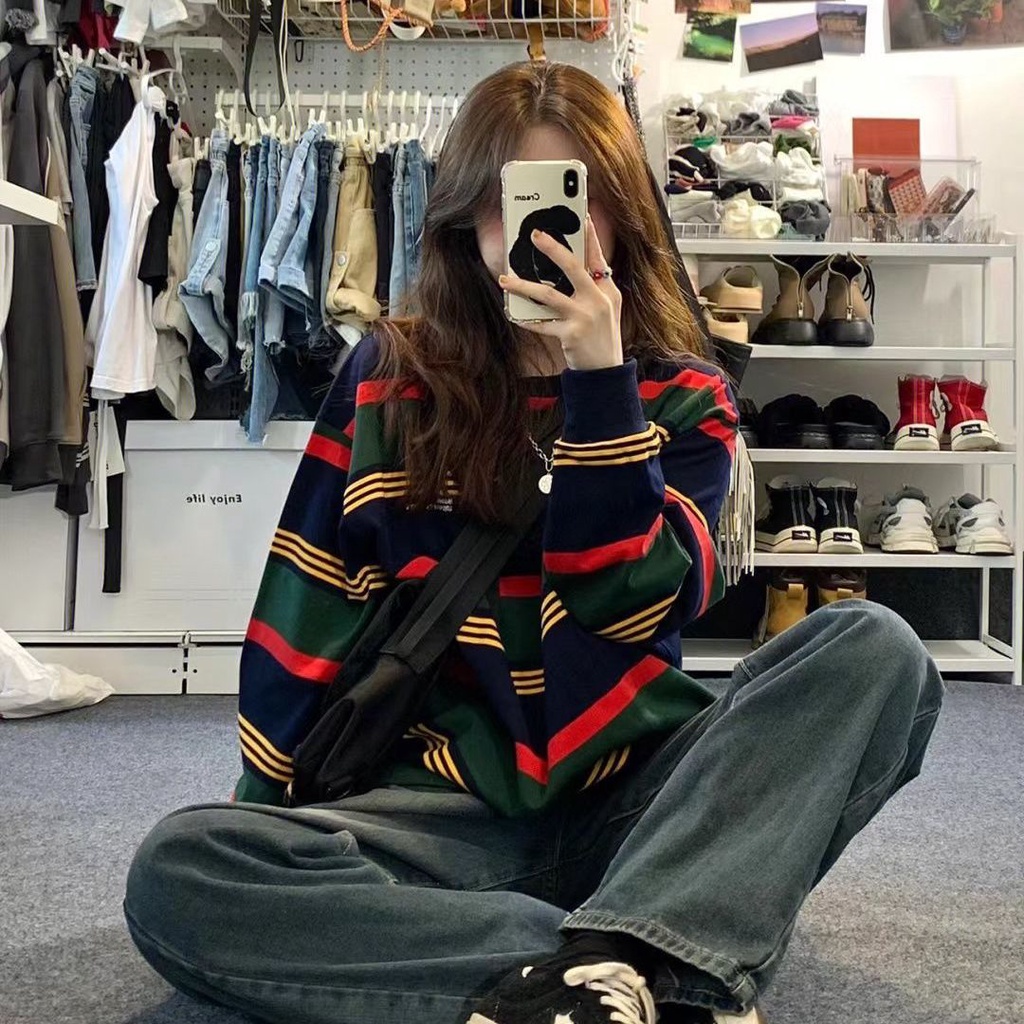 Áo Sweater Mỏng Kẻ Sọc Kiểu Retro Mỹ Thời Trang Xuân Thu Năng Động