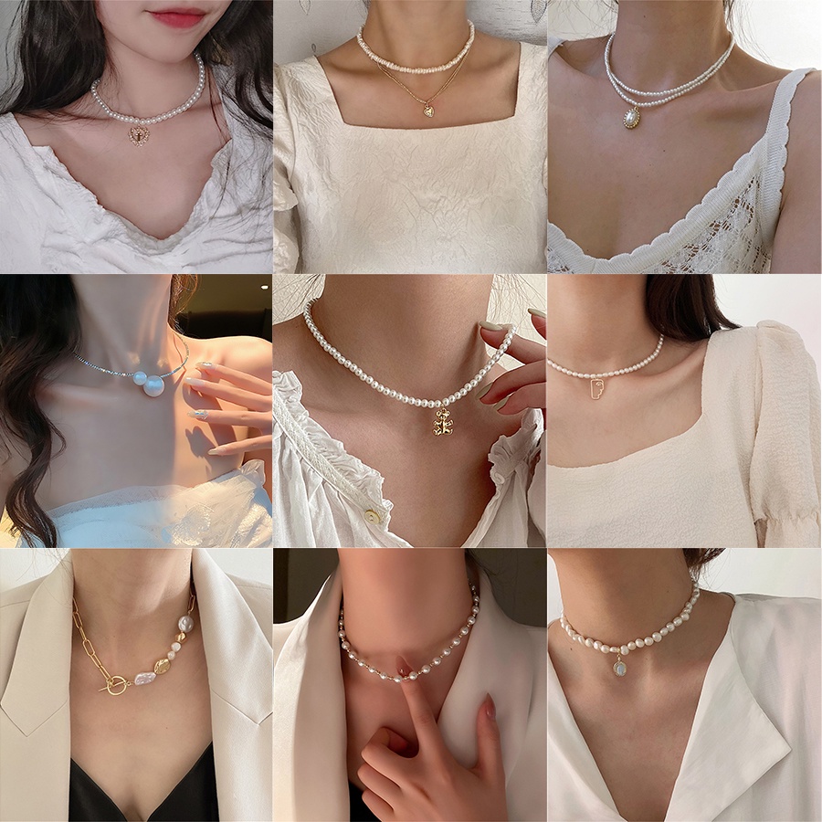 Vòng cổ choker chuỗi hạt ngọc trai trắng lớn phong cách thanh lịch cho nữ
