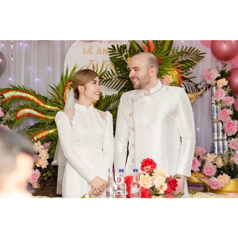 Áo dài cặp đôi cưới hỏi, áo dài dâu rể, cặp phối vai, đính dọc thân áo nam   BÍCH THÊU ÁO DÀI BT004