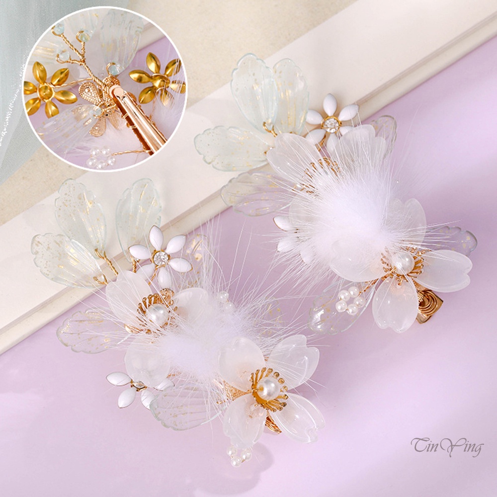 GETNOIVAS 1 Cặp Kẹp Tóc Hình Hoa Phối Bóng Lông Phong Cách Trung Hoa Độc Đáo Thời Trang